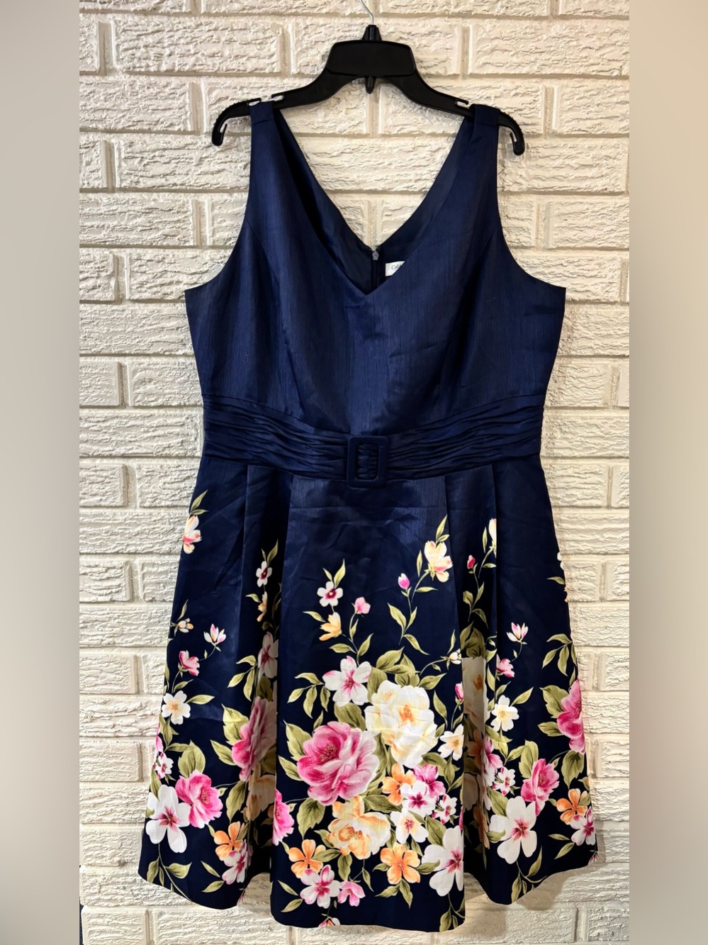 Coldwater Creek Women's Blue Floral Ruched V-Neck Fit & Flare A-line Dress 16